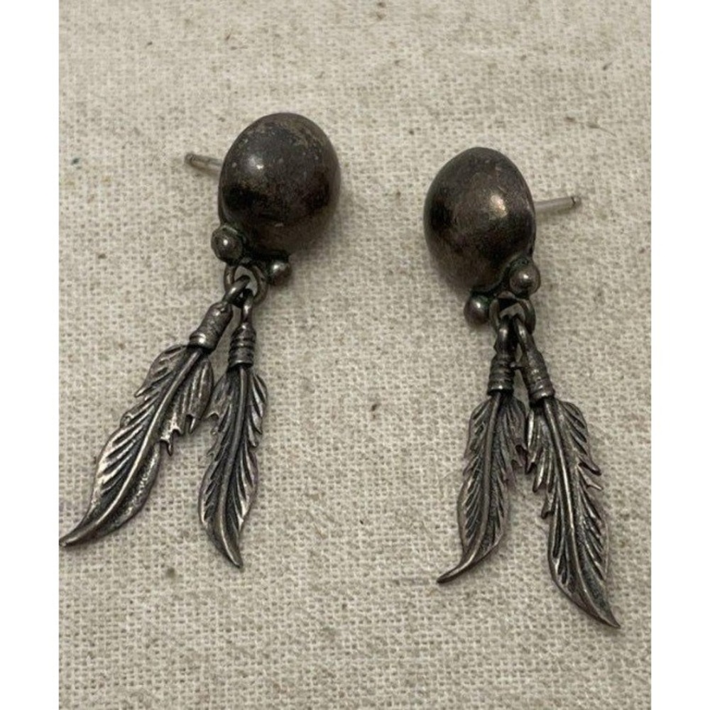 Vintage Sterling Silver 925 Double Feather Dangle Post Earrings Southwestern - Picture 1 of 4